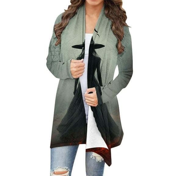 VINUSLI Witch Cardigan for Women Plus Size Open Front Long Sleeve Halloween Vintage Sweaters Light Knit Coats Multicolor,L