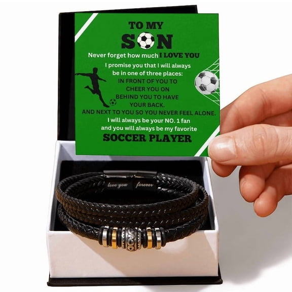 To My Son Bracelet Gift, Number One Soccer Player Gift from Mom, Birthday Gift for Son from Dad, Personalized Leather Bracelet with Box and Card