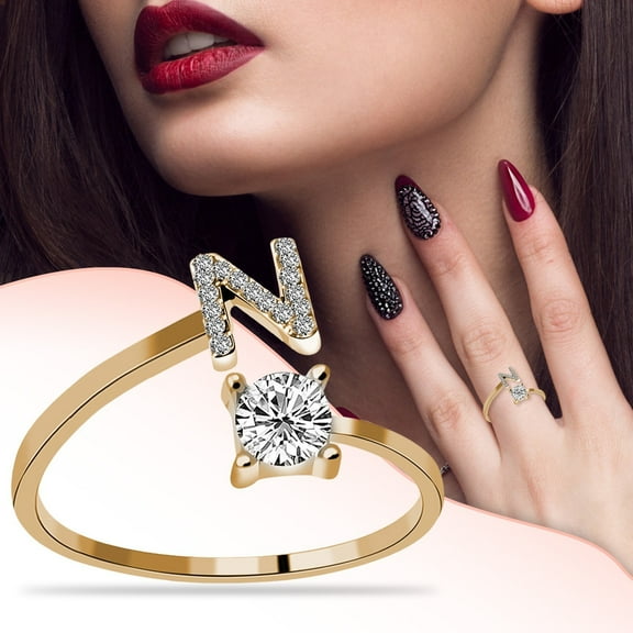 KDSJSXW Costume Jewelry for Women Women's 26 Letter Ring Diamond Rhinestone Set Zirconia Open Adjustable Rings Jewelry Accessories Gifts Elegant Diamond Rings for Women (N,One Size)