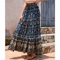 thumbnail image 4 of Qiopertar Women's High Waisted Maxi Skirt Bohemian Beach Vacation Tiered Midi Skirt with Elastic Drawstring Waist Flowy Vintage Paisley Print Casual Festival Skirt, Dark Blue XL, 4 of 7
