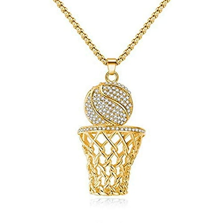 Sterling Silver Plated Bail Pendant - Ice City Men's CZ Gold Plated Basketball Hoop Pendant 24