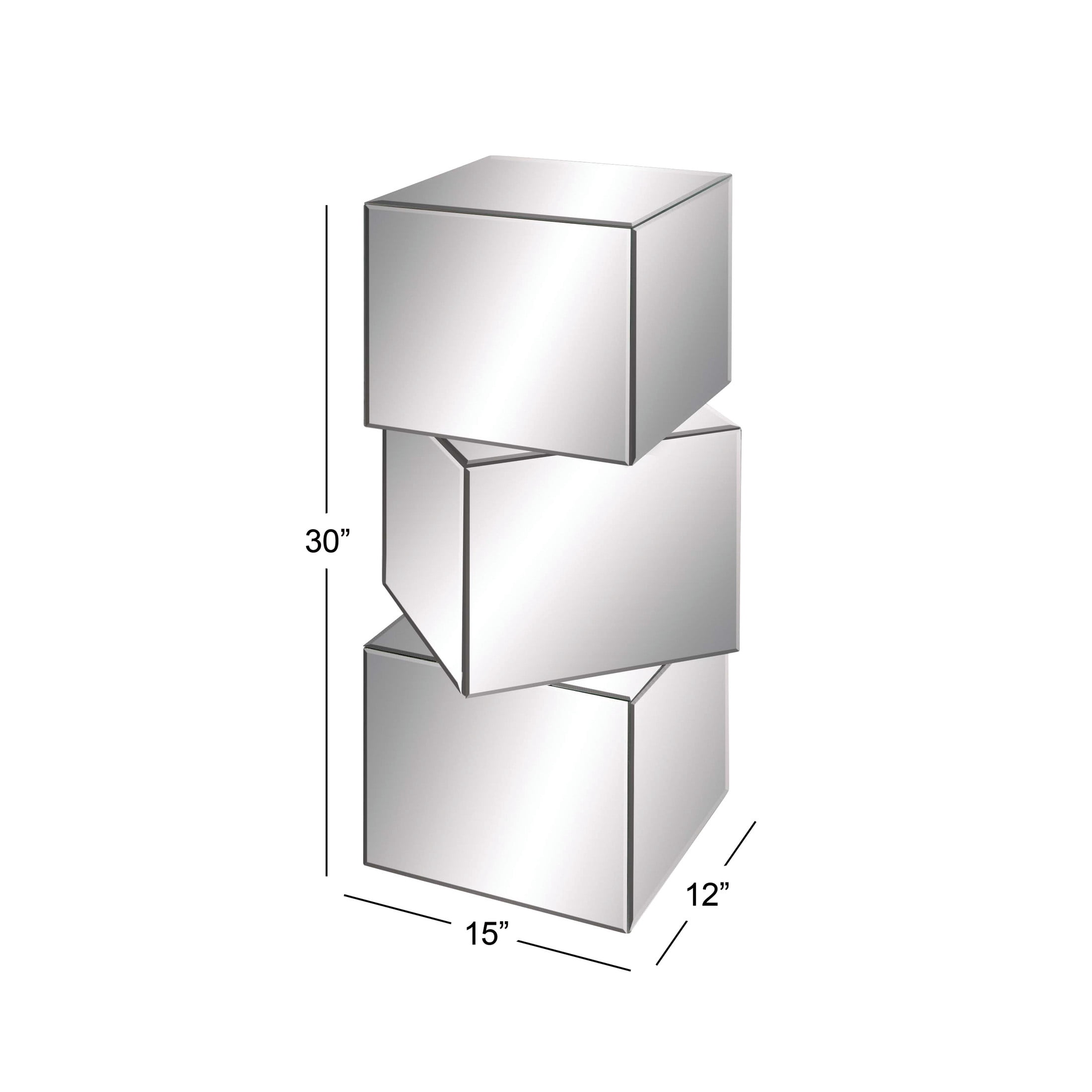 DecMode 15" x 30" Silver Glass Mirrored Stacked Cube Pedestal Table with Glass Front Panels, 1-Piece