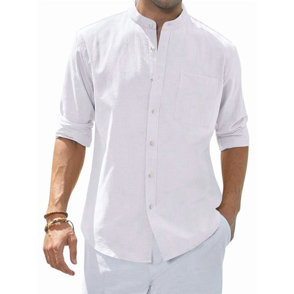 Youclos Men's Cotton Linen-Textured Stand Collar Long Sleeve Shirt - Breathable Soft Easy Care Regular Fit Daily Casual Wear