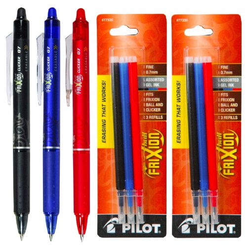 Pilot FriXion Clicker Retractable Gel Ink Pens, Eraseable, Fine Point 0.7mm, Assorted Ink, Pack of 3 with Bonus 2 Packs of Refills