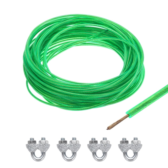 Uxcell 3/32 Green Vinyl Coated Wire Rope 49ft Galvanized Steel with 4PCS M3 Loop Sleeves