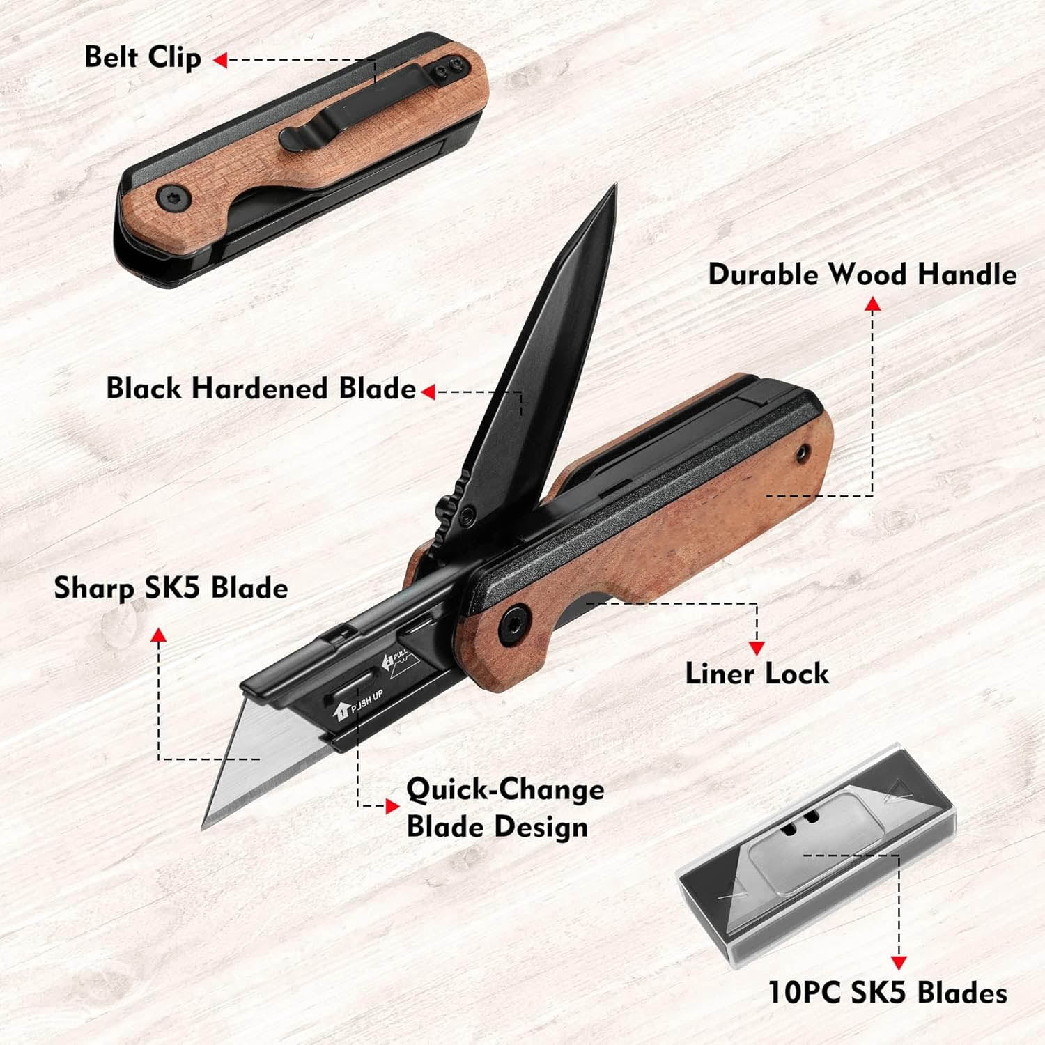 2-in-1 Folding Knife/Utility Knife, Quick-Change Box Cutter with Belt Clip and Liner Lock, Extra Blades Included