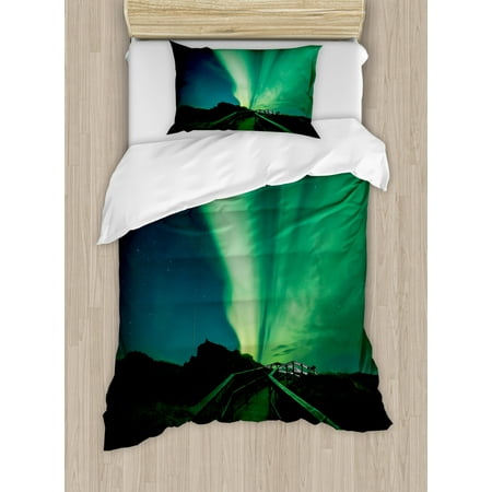 Aurora Borealis Duvet Cover Set Wooden Bridge Solar Sky Scenic