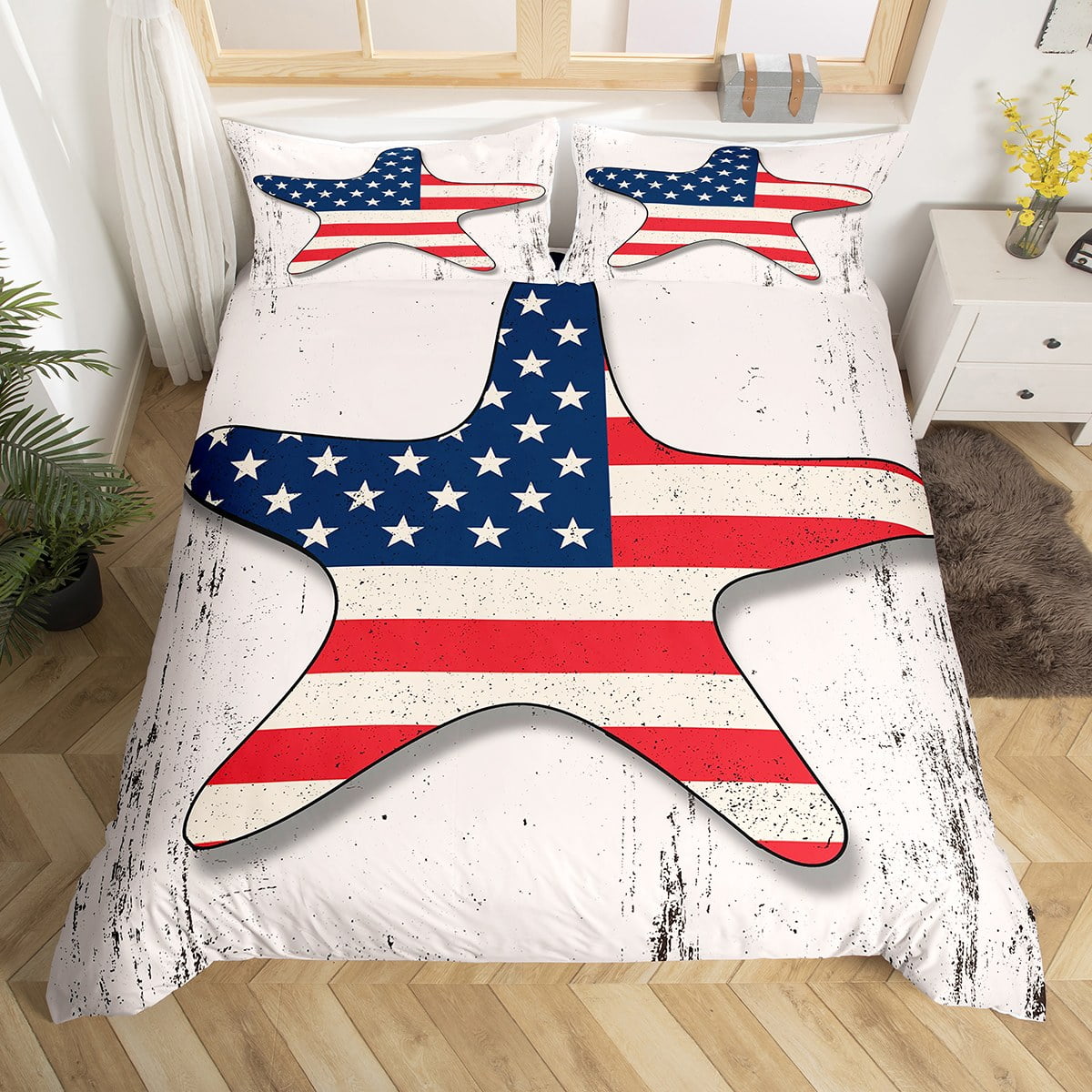 YST American Flag Bed Set Star Print Duvet Cover, Vintage Grunge