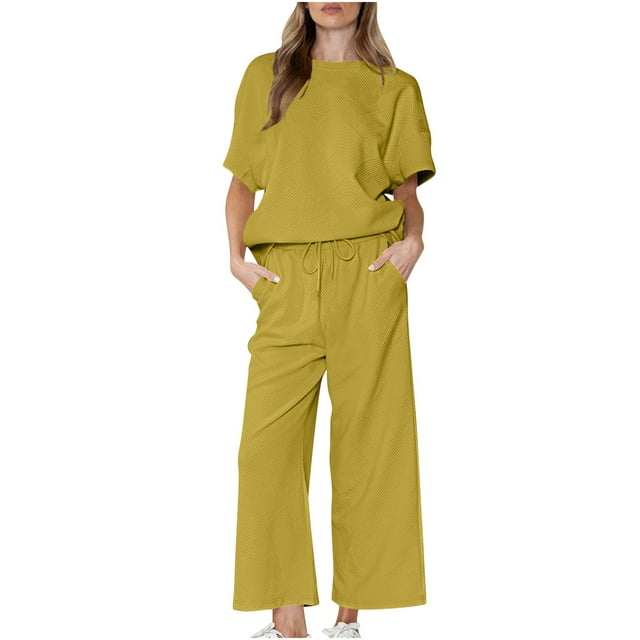 Mikilon Womens Stylish Comfy Sports Fitness Suit Loose Simple Solid Color Casual Suit Textured Drawstring Sweatshirt Set Yellow Xs