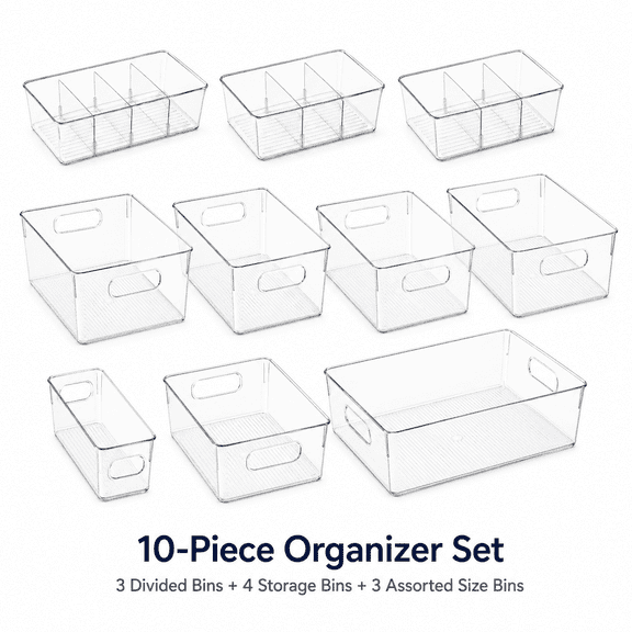 ZHOHO TANT 10 Pack Clear Pantry Organizer Bins, Plastic Fridge Storage Containers with Handles, 3 Divided Bins with Removable Dividers, 4 Large Storage Bins and 3 Size Bins for Kitchen, Cabinet