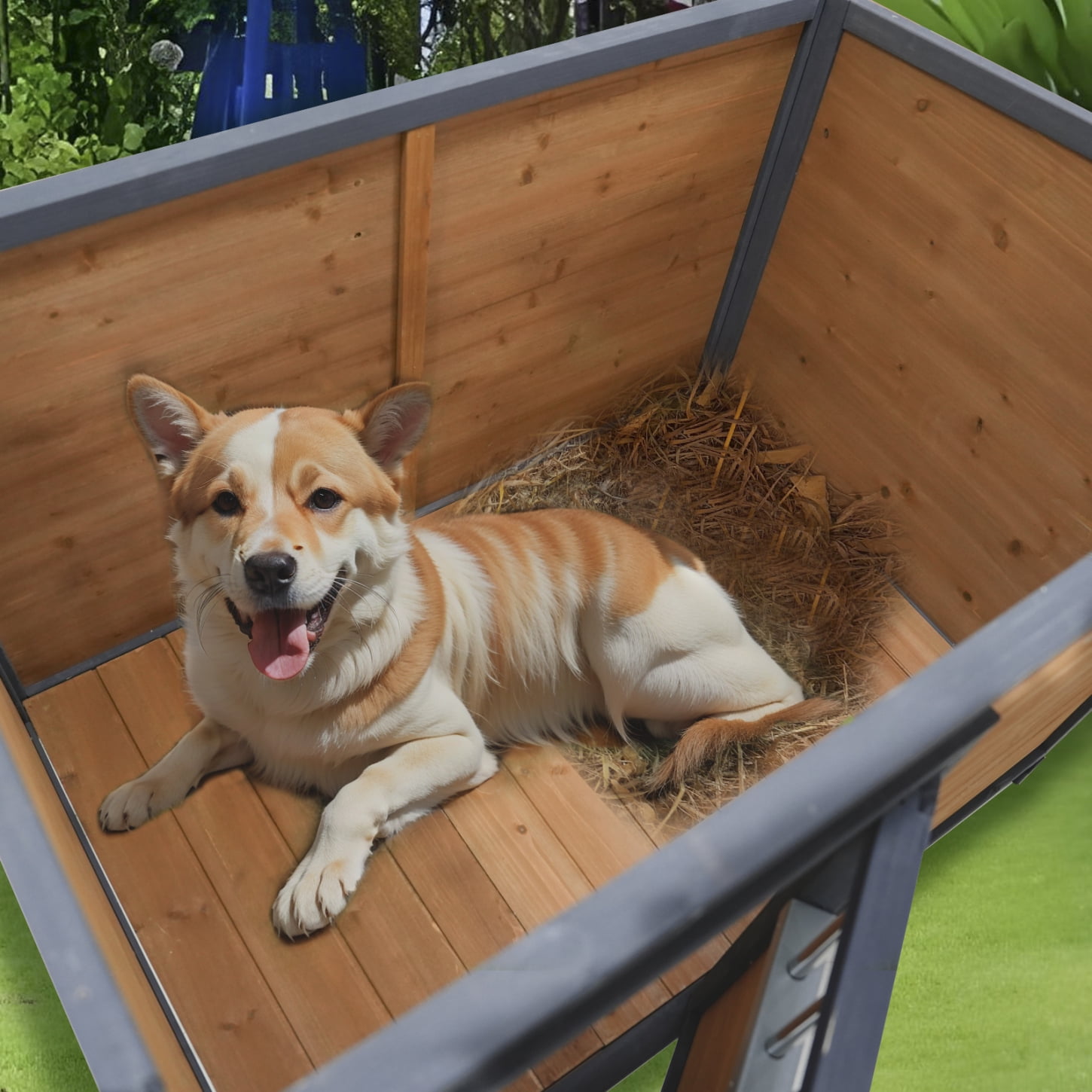 44.2" Wooden Dog House, Outdoor and Indoor Large Kennel with Elevated Feet and Breathable Wooden Doors, Weatherproof Solid Wood Doghouse for Small Large Dog
