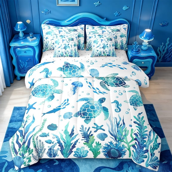 meiyoeat Watercolor Sea Turtle 7-Piece Twin Bedding For Boys,Ocean Animal Starfish Bedding Comforter Set,Reversible