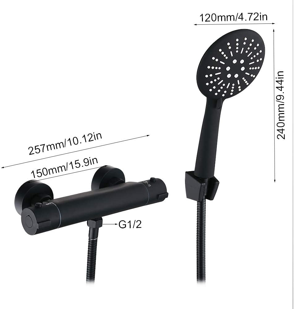 Bathroom Rainfall Black Shower Faucet Set Wall Mounted Copper Set with Hand Shower Head Bathtub Mixer Thermostatic Black Faucet