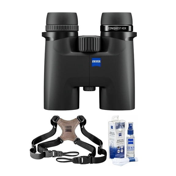 Zeiss Conquest HDX 10x32 Binocular with 90 Percent Light Transmission and Rugged Design (Black) Bundle with Zeiss Binocular Comfort Carrying Strap and Zeiss Lens Cleaning Kit (3 Items)
