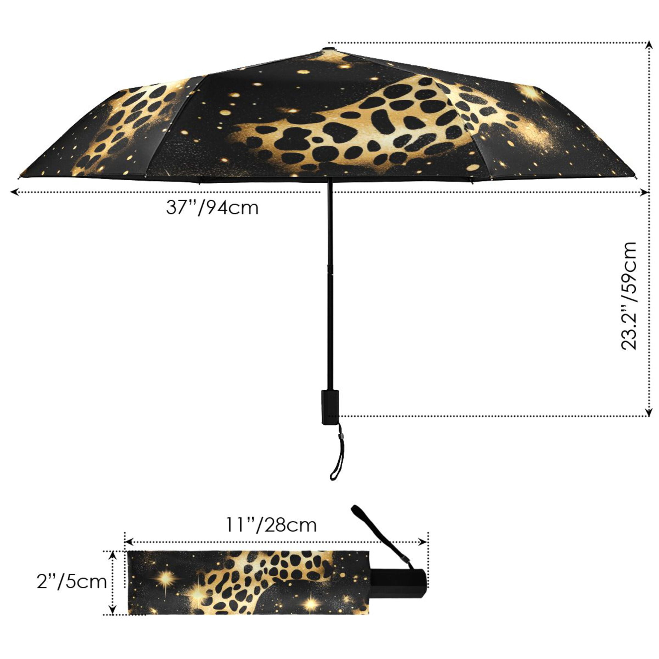 ALAZA Golden Leopard Print UPF 50+ Compact Folding Umbrella for Rain Travel Umbrella Packable