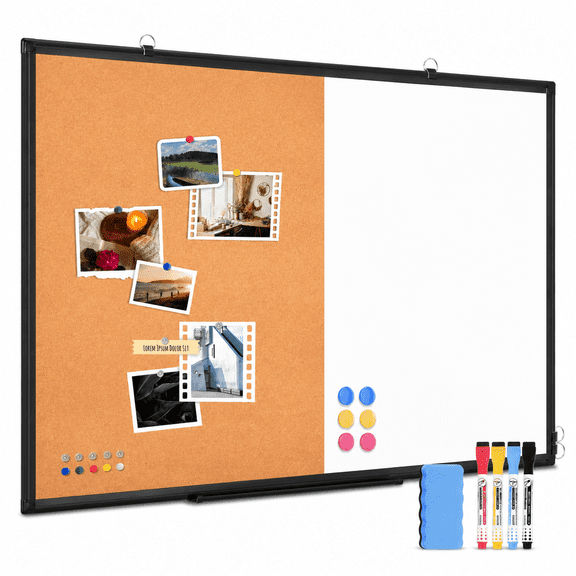 Magnetic Dry Erase Whiteboard Corkboard Combo, 24" x 36", Black Aluminum Frame