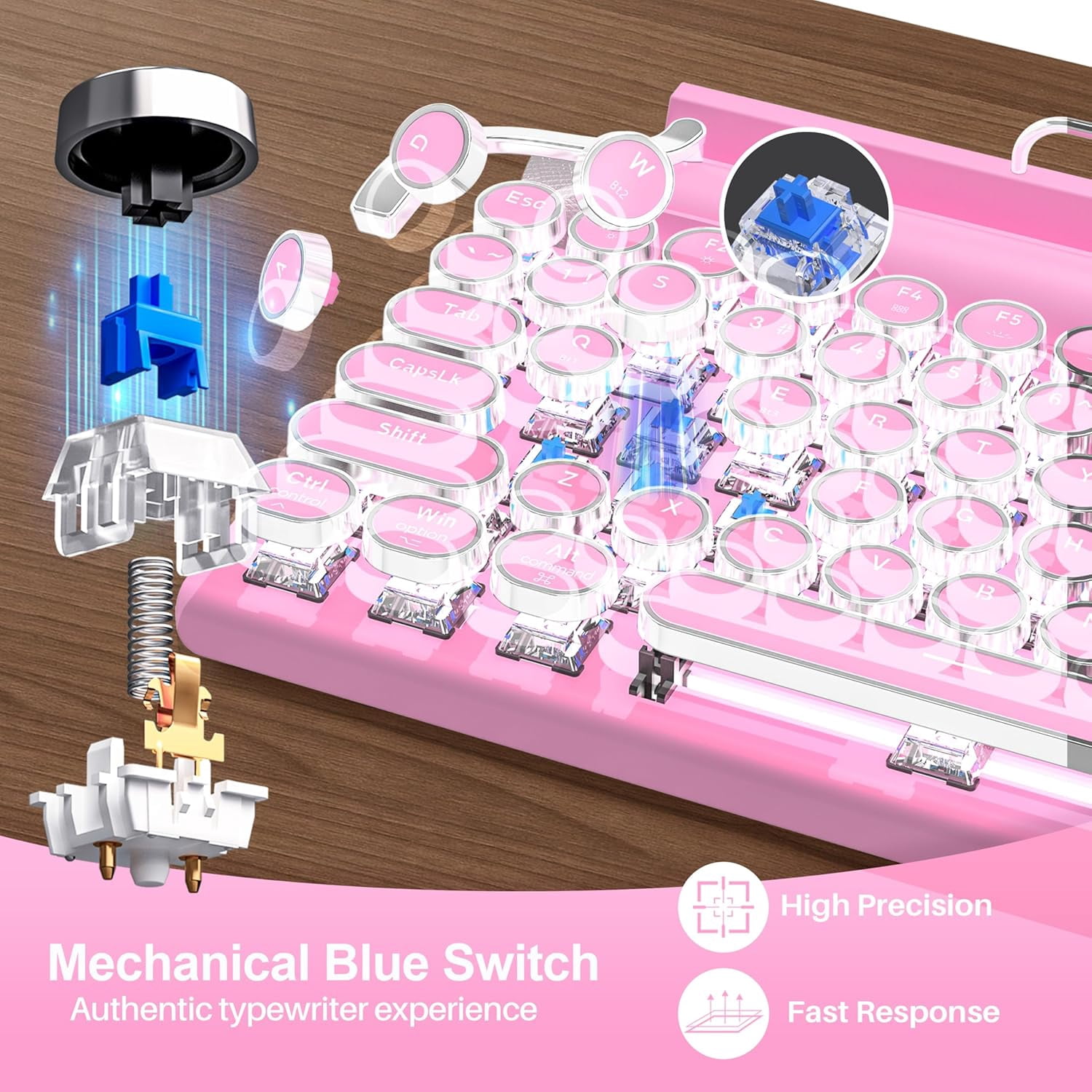 Retro Typewriter Wireless Mechanical Gaming Keyboard, Bluetooth 5.0 Office Computer Vintage Keyboards 83-Key Blue Switches Punk Round Keycap, LED Backlight, Compatible with PC/Laptop/Pad/Phone, White