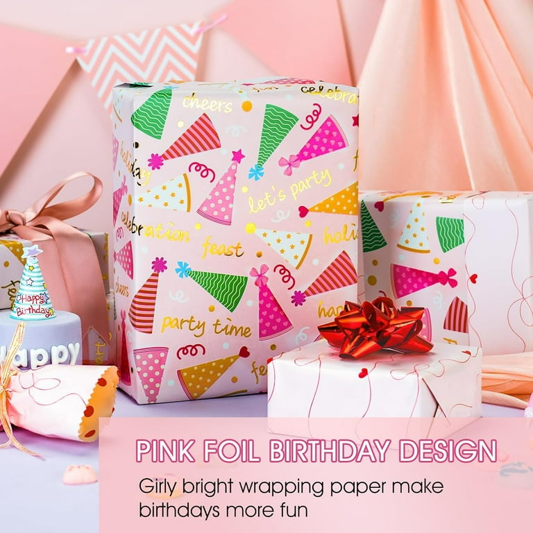 HOMERAL Reversible Birthday Wrapping Paper Roll, Pink Gift