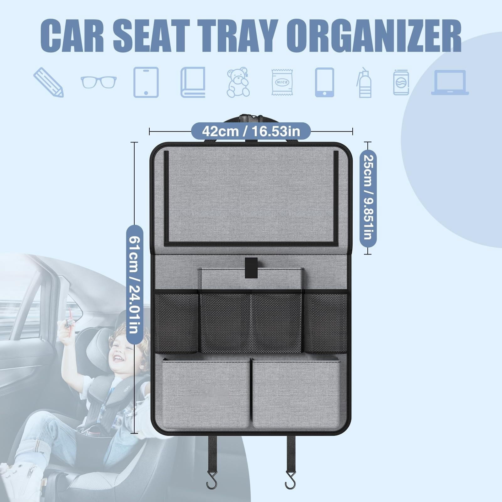 GUANGHUI Car Backseat Organizer with Tablet Holder,11 Storage Pockets with Foldable Food Tray, Protector Kick Mats for Kids, Travel Accessories Organizer (Gray, 1Pack)