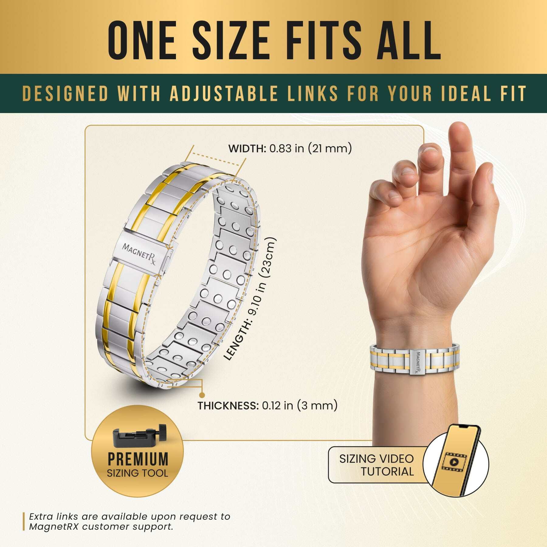 MagnetRX® Titanium Bracelet – Bracelets for Men – Premium Fold-Over Clasp & Adjustable Length with Sizing Tool (Silver & Gold)