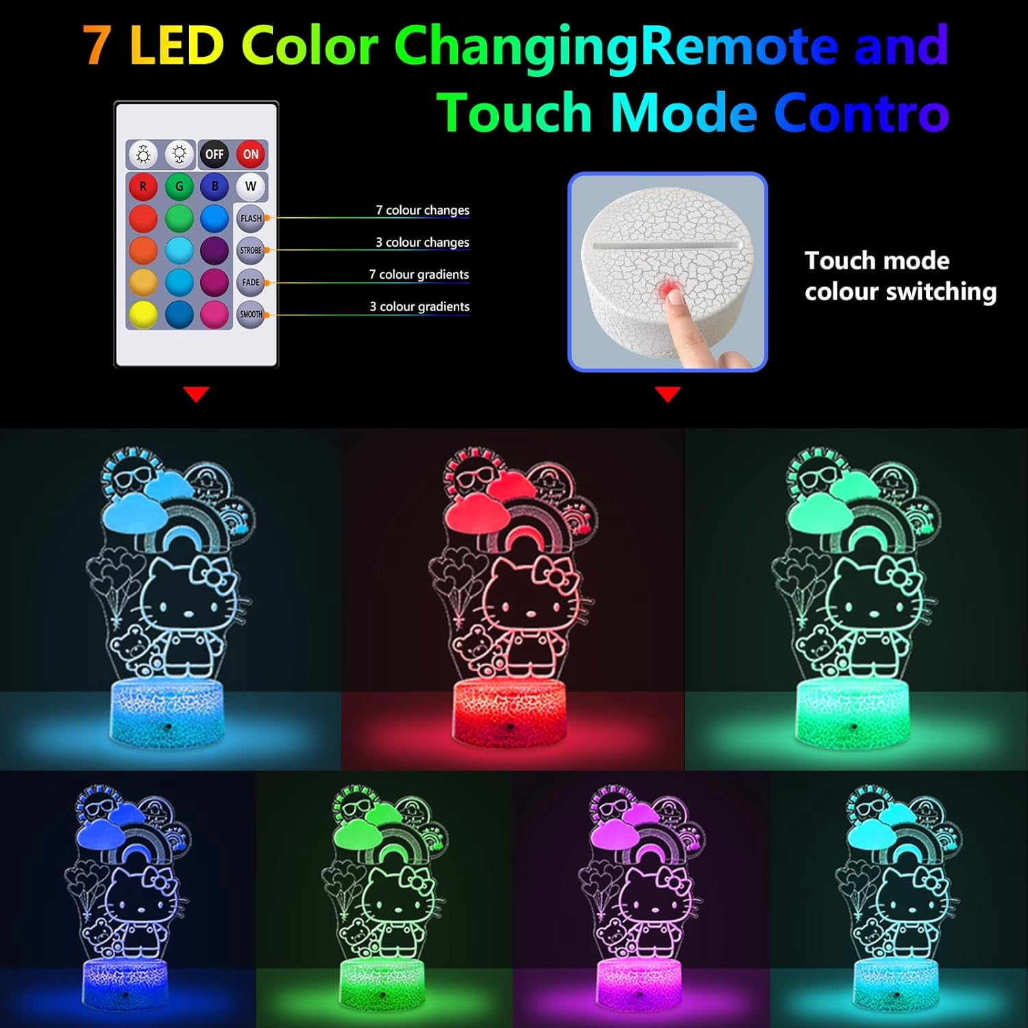 Aorsher Cute Cat Night Light for Kids, LED Cat Night Light with 16 Colors Dimmable Remote Control and Luminous Base, Bedroom Decoration Gift for Christmas Birthday Girls