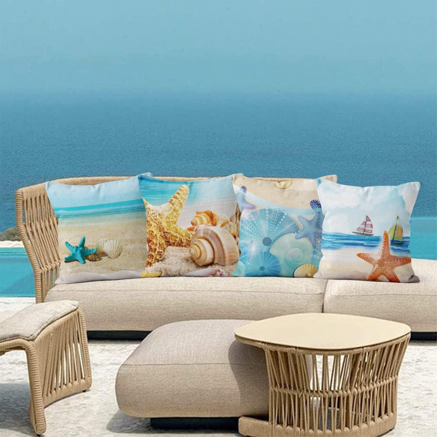 Beach Pillow Covers 20x20 Set of 4, Summer Outdoor Decor Throw Pillow Covers Starfish Shell Pillowcase Ocean Sea Cushion Case for Home Living Room Yard
