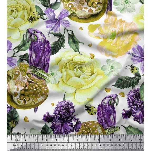 Soimoi Georgette Viscose Fabric Parrot,Pomegranate & Rose Flower Printed Craft Fabric by The Yard 42 Inch Wide