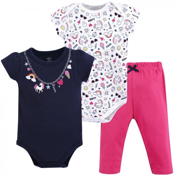 Little Treasure Baby Girl Cotton Bodysuit and Pant Set, Rainbow Charms, 0-3 Months
