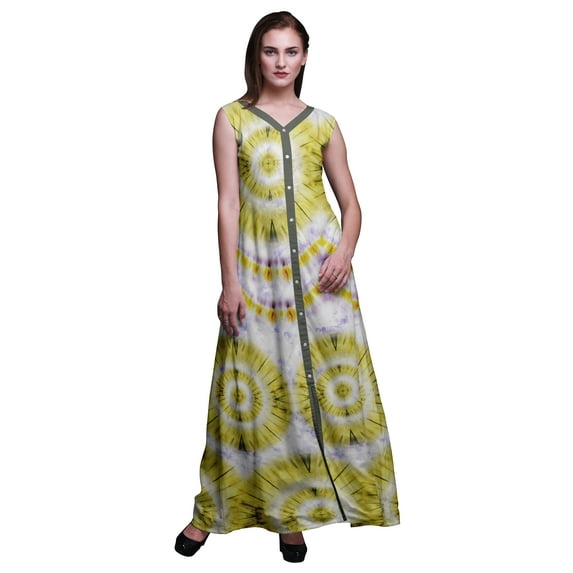 Bimba Tie-Dye Women V Neck Sleeveless Front Slit Casual Maxi Printed Boho Dress-X-Large
