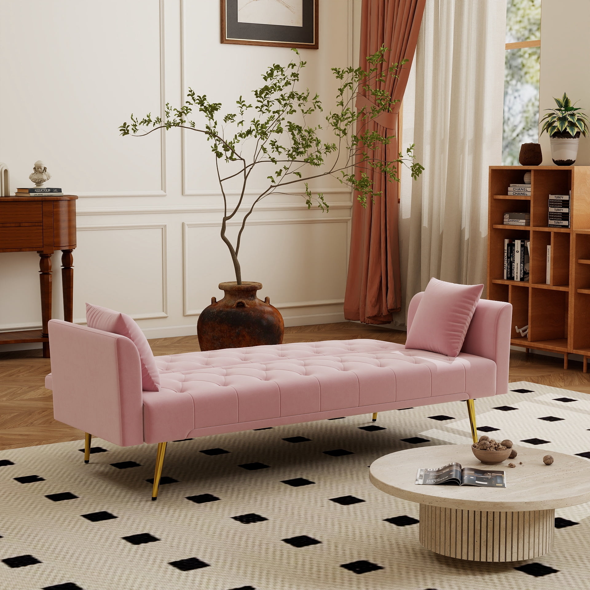 Modern 72" Foldable Sleeper Sofa Bed, 3-in-1 Adjustable Loveseat with Tufted American Retro Style, Pink Velvet Upholstery, Space-Saving for Small Living Rooms, Bedrooms, Apartments, Home Office