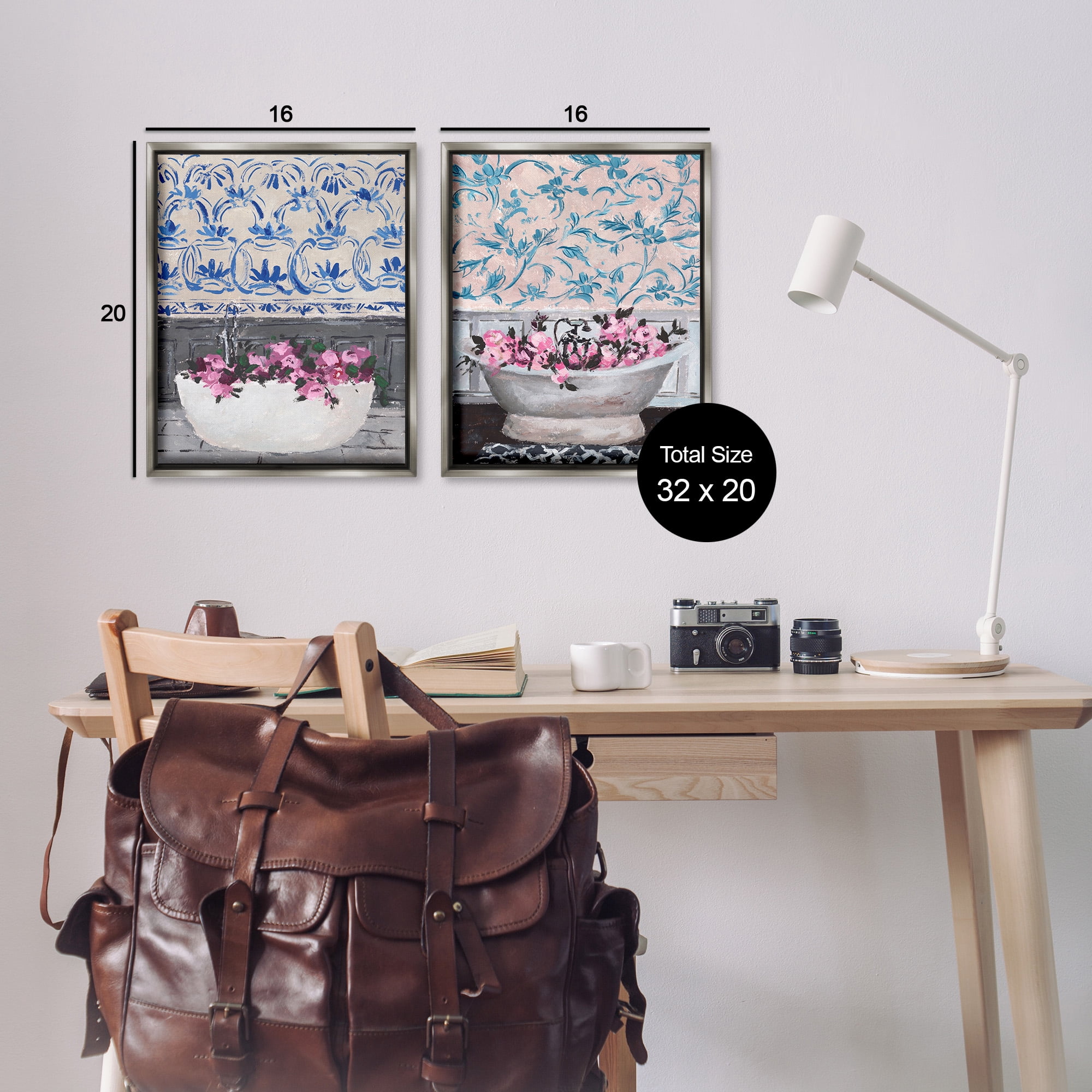 Stupell Industries Flowers In Bath Tub Interior Design Botanical & Floral Painting Gray Floater Framed Canvas Art Print Wall Art, 17 x 21, Set of 2