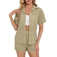 thumbnail image 1 of Womens Chiffon Set Two Piece Outfits Summer Beach Button down Short Sleeve Shirt Shorts Sets with Pockets, 1 of 5