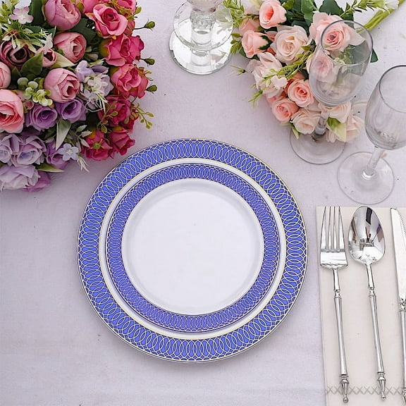 Balsa Circle 10 Round 7 in Navy Blue Gold Disposable Salad Plastic Plates Spiral Trim Party Tableware Decorations Supplies