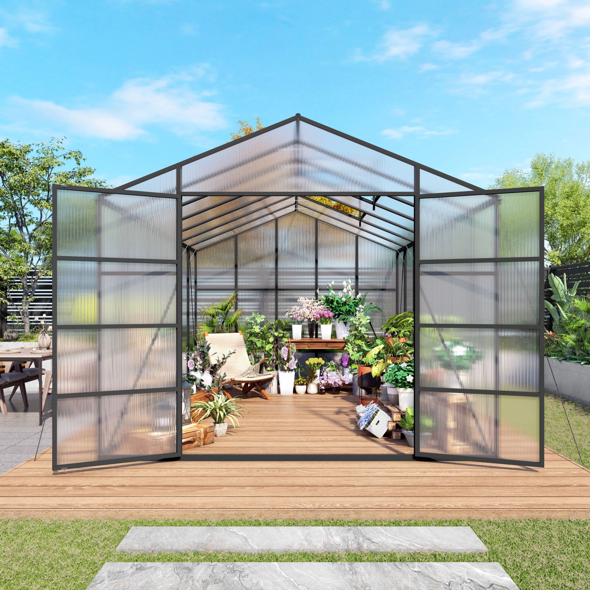 MAYEERTY 10x14 FT Walk-in Greenhouse with Aluminum Frame, All-Season Windproof Greenhouse with Drainage for Backyard, Garden & Patio