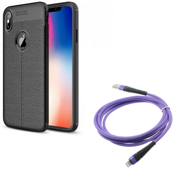 Purple 10ft USB Cable w PU Leather Case for iPhone XS Max - Charger Cord Power Wire Braided Long and Slim Fit Cover Reinforced Bumper Shock Absorbent Black