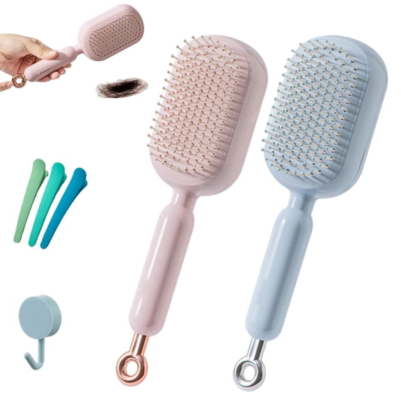 Retractable Cushion Massage Comb Brush, Anti Static Self Cleaning Hair Brush for Women Men, Scalp Massager Tool for Curly Wet Dry Damaged Hair Home Travel Office School Use (2PCS,B)