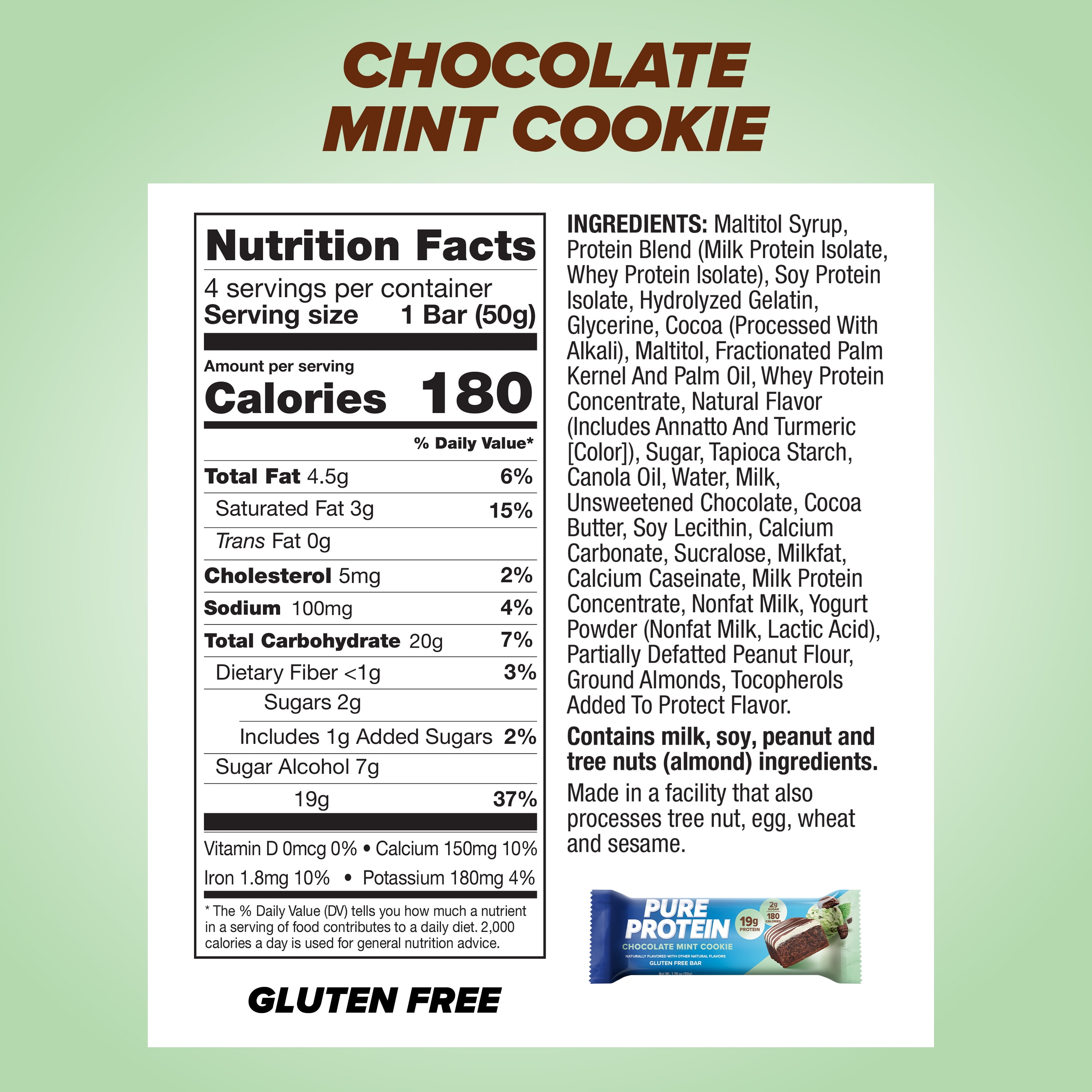Pure Protein Bars, Chocolate Mint Cookie, Gluten Free, 20g Protein, 1.76 oz, 4 Count
