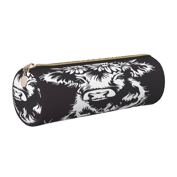 Disketp Floral Cow Silhouette Estuche Organizador de Lápices de Cuero, Estuche de Oficina con Cremallera para Bolígrafo y Lápiz