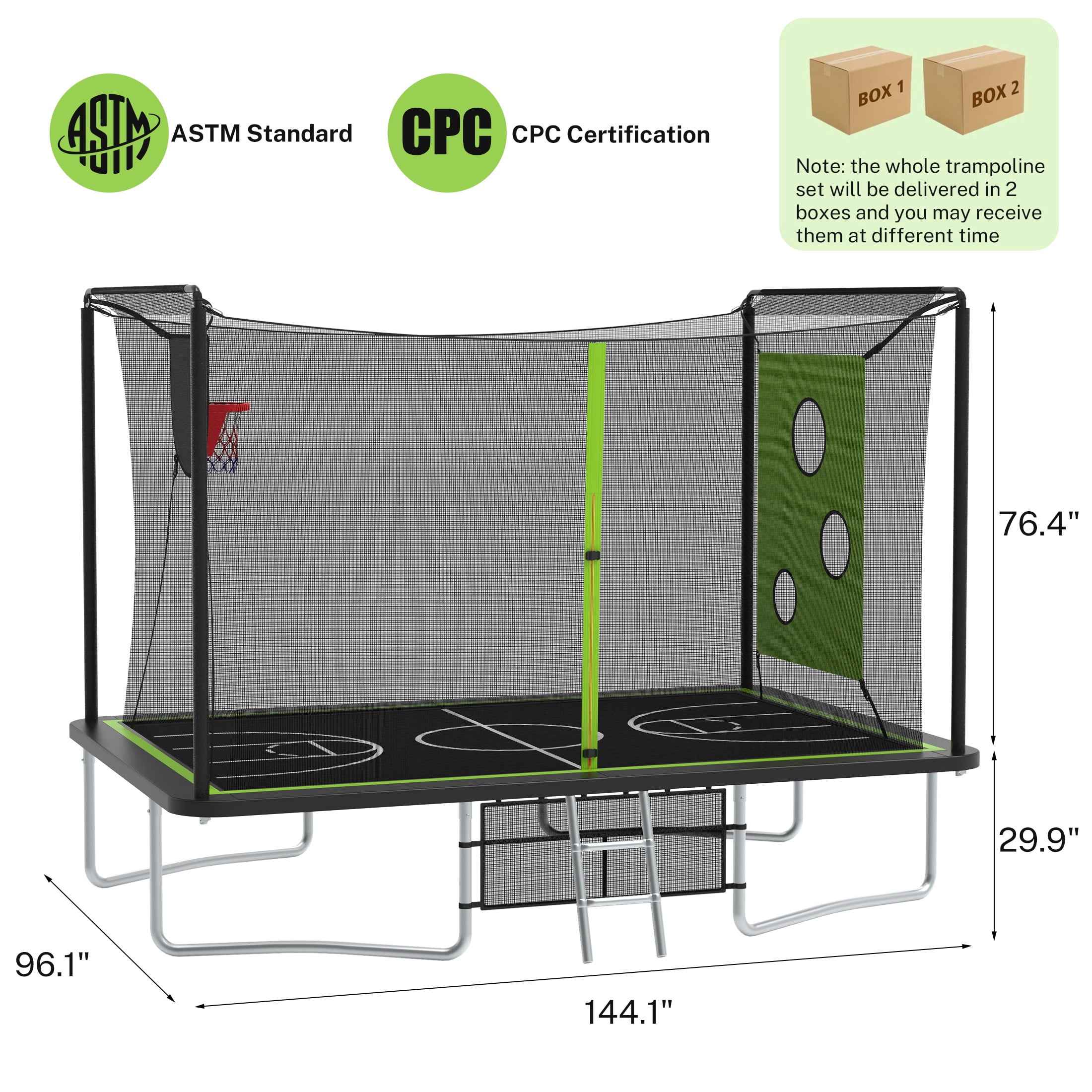 8 ×12FT Large Trampoline for Kids and Adults, SHINPT Outdoor trampoline with 2 Basketball Hoops, Big Trampoline with 360° Safety Net, Kids Trampoline Outdoor with Football Net with 1600LBS Capacity