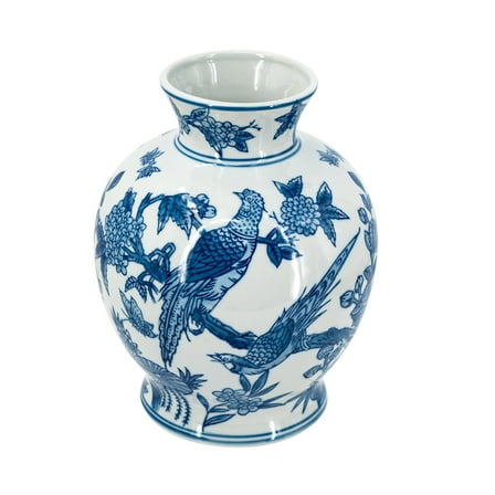 A&B Home Blue and White Botanical Bird Porcelain Vase 6.5" x 6.5" x 8.7"