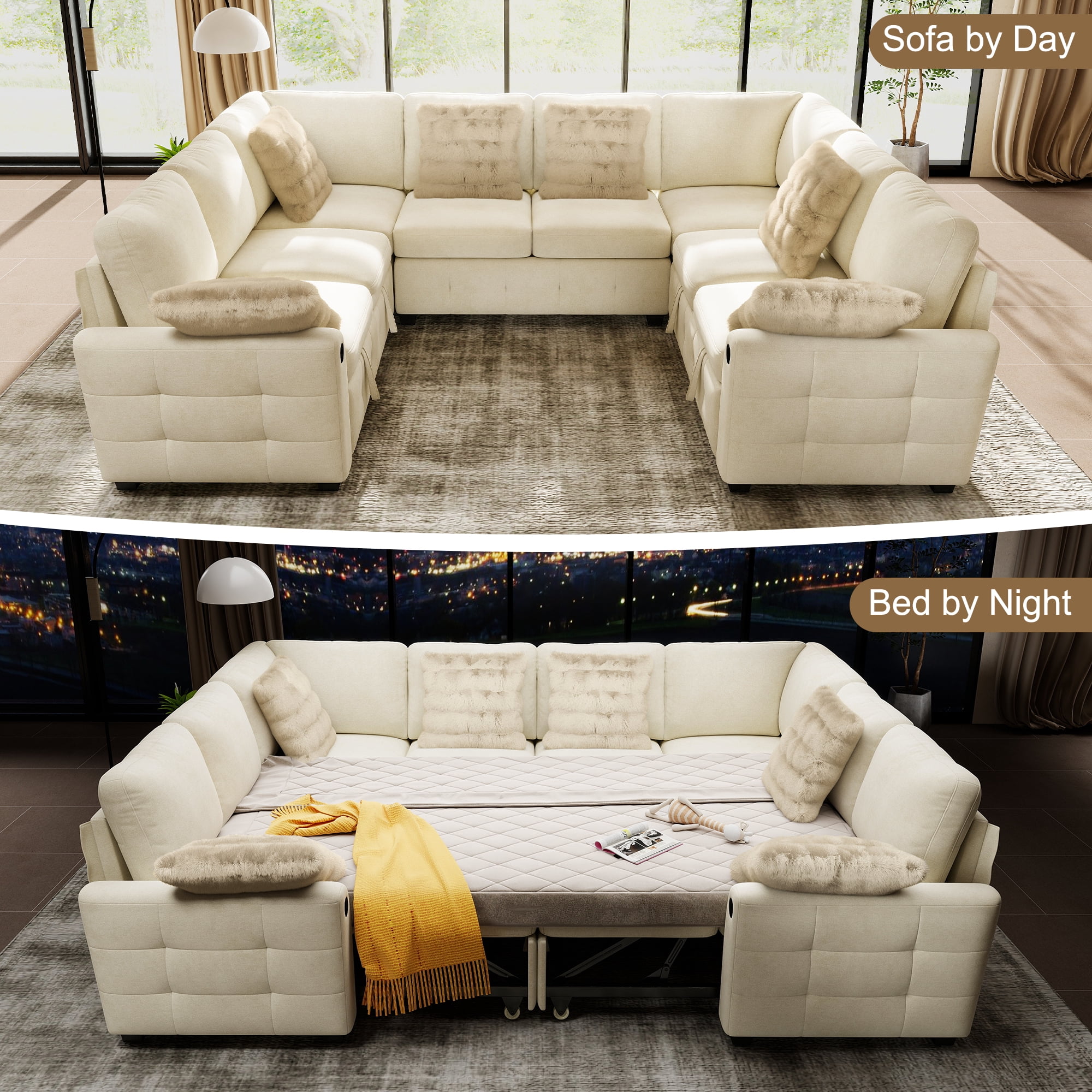 BedLuxury 110" Sectional Sleeper Sofa with Pull Out Bed, Storage Seat & USB Charging, U Shaped Modern Couch for Living Room, Chenille Beige