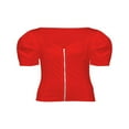 thumbnail image 1 of Women Short Puff Sleeve T-Shirts Summer Zip V Neck Solid Color Slim Tops Lady Basic Tee Red S, 1 of 9