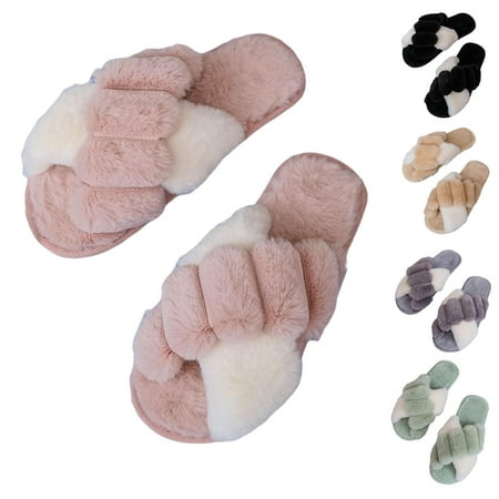 

Women Fuzzy Fluffy Slippers Indoor Soft Flat Open Toe Flip Flop