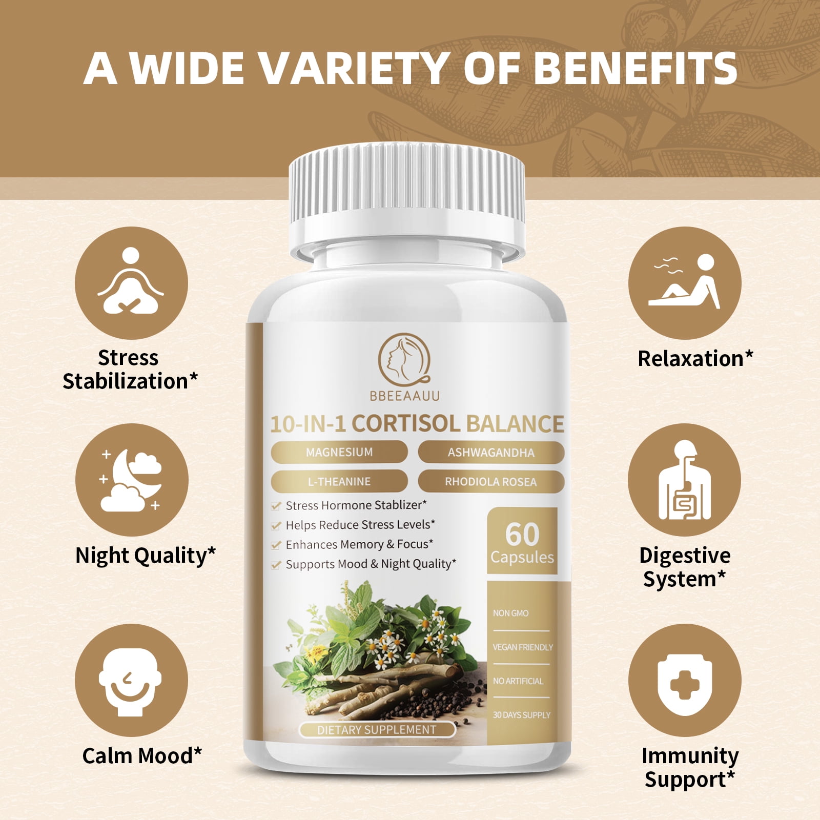 (2 Pack)10-In-1 Cortisol Balance, with Magnesium, Ashwagandha & L-Theanine for Mood, Focus, Relaxation & Deep Sleep Support, 60 Pills