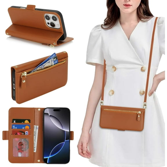 for iPhone 16 Pro Max Wallet Case for Women,Zipper Pocket,PU Leather Phone Case Stand flip Cover Crossbody Lanyard Strap Zipper Credit Card Holder Slots for Apple 16 ProMax,Dark Purple