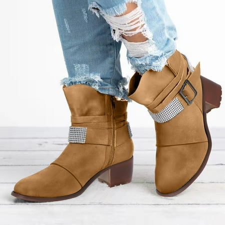 

Cathalem High Heels Boots for Women Wide Toe Winter Thick Autumn Side Heel Rhinestone Zipper High Heels Boots for Women Wide Brown 9