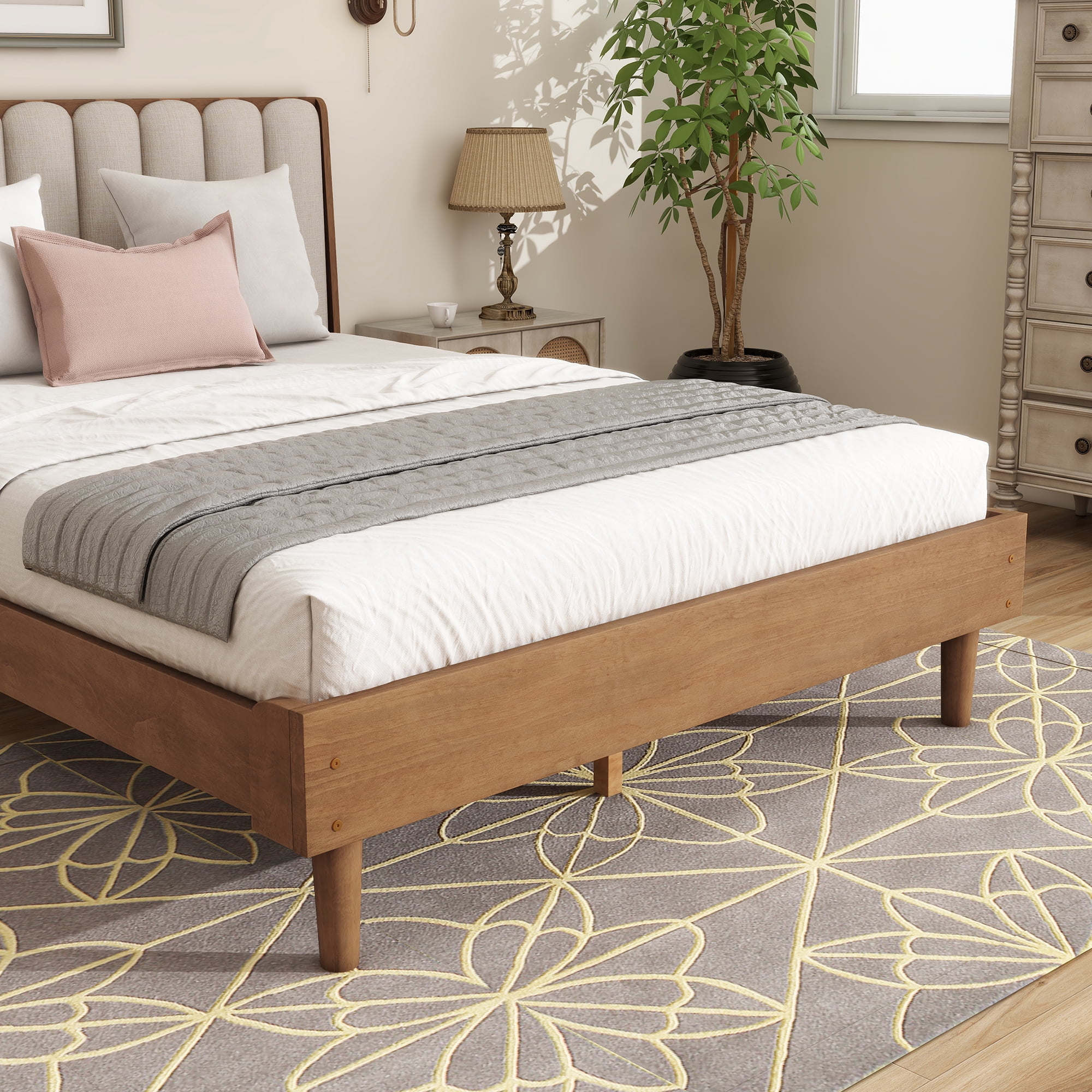 HOQBN Queen Size Wood Bed with Piano Key Style Upholstered Headboard , Wood Bed with Strengthened Bed Frame, Wheat