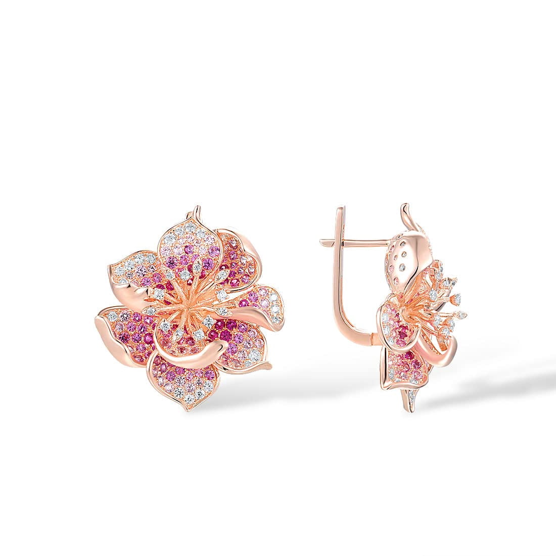 Santuzza 925 Sterling Silver Gemstone Flower Earrings Pink Sapphire Cubic Zirconia Hibiscus Dangle Earrings for Women