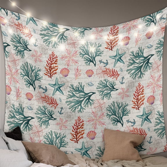Sage Green Red Coral Tapestry for Bedroom Wall Hanging Tapestry, Coastal Nautical Summer Beach Ceiling Backdrop Tapestries Poster Blanket Wall Decor for Teens Room Living Room Dorm 59" x 79"