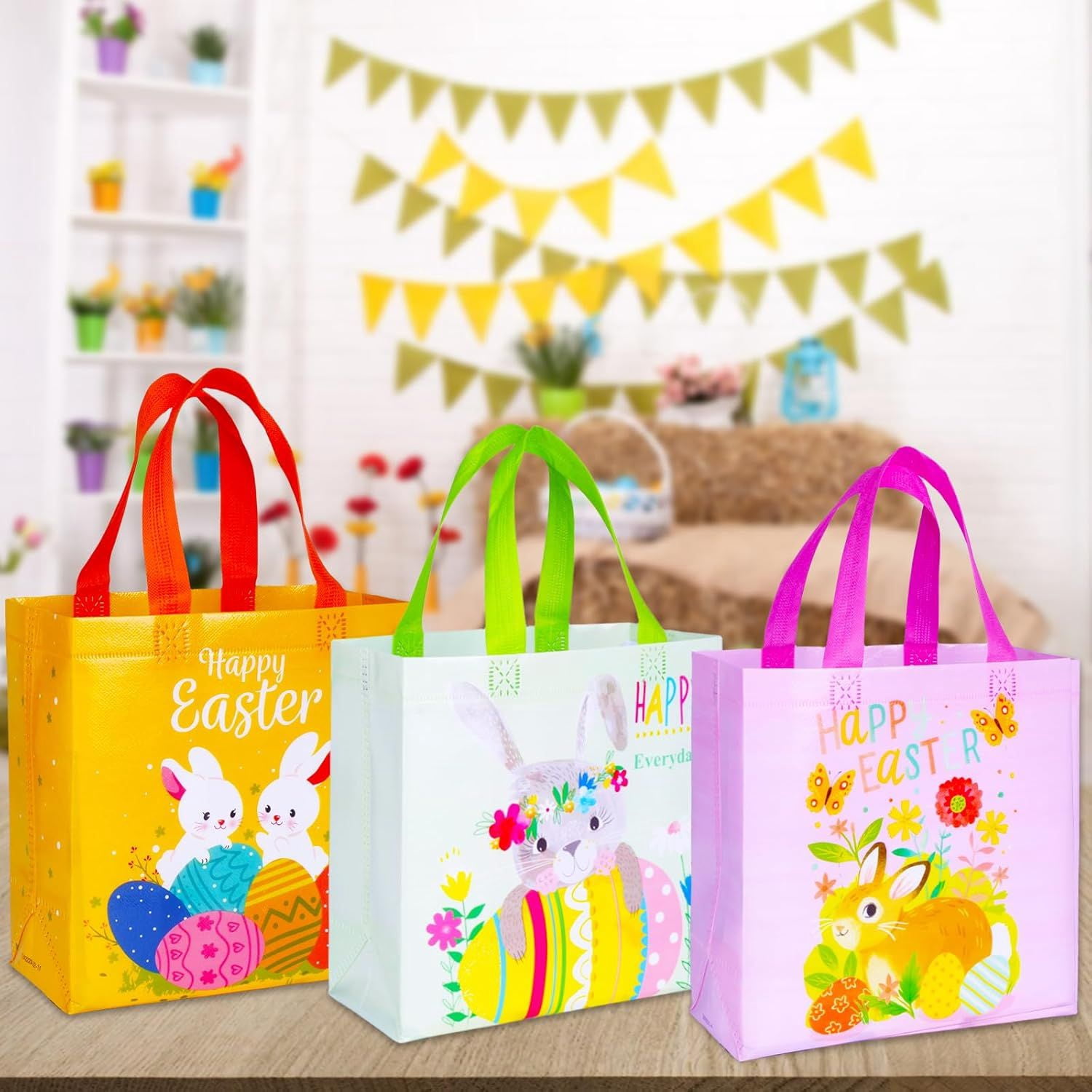 Happy Easter Gift Bags with Handles, Bunny Carrot Chick Designs, Reusable Non-Woven Treat Bags for Party Favors, Gift Wrapping, Easter Basket Container, 9.1x8.7x4.5 inch, 6-Pack